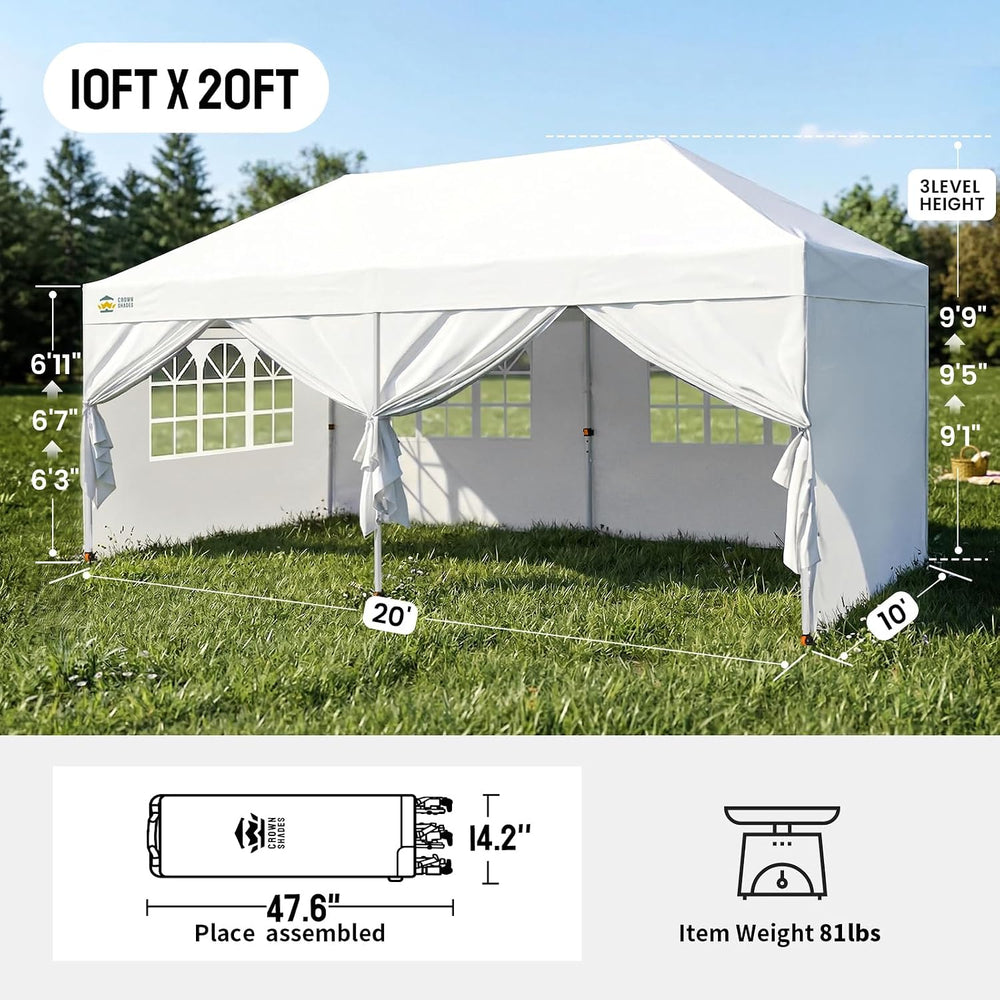 CROWN SHADES 10X20 Pop Up Canopy Tent with Sidewalls, Instant Setup, White
