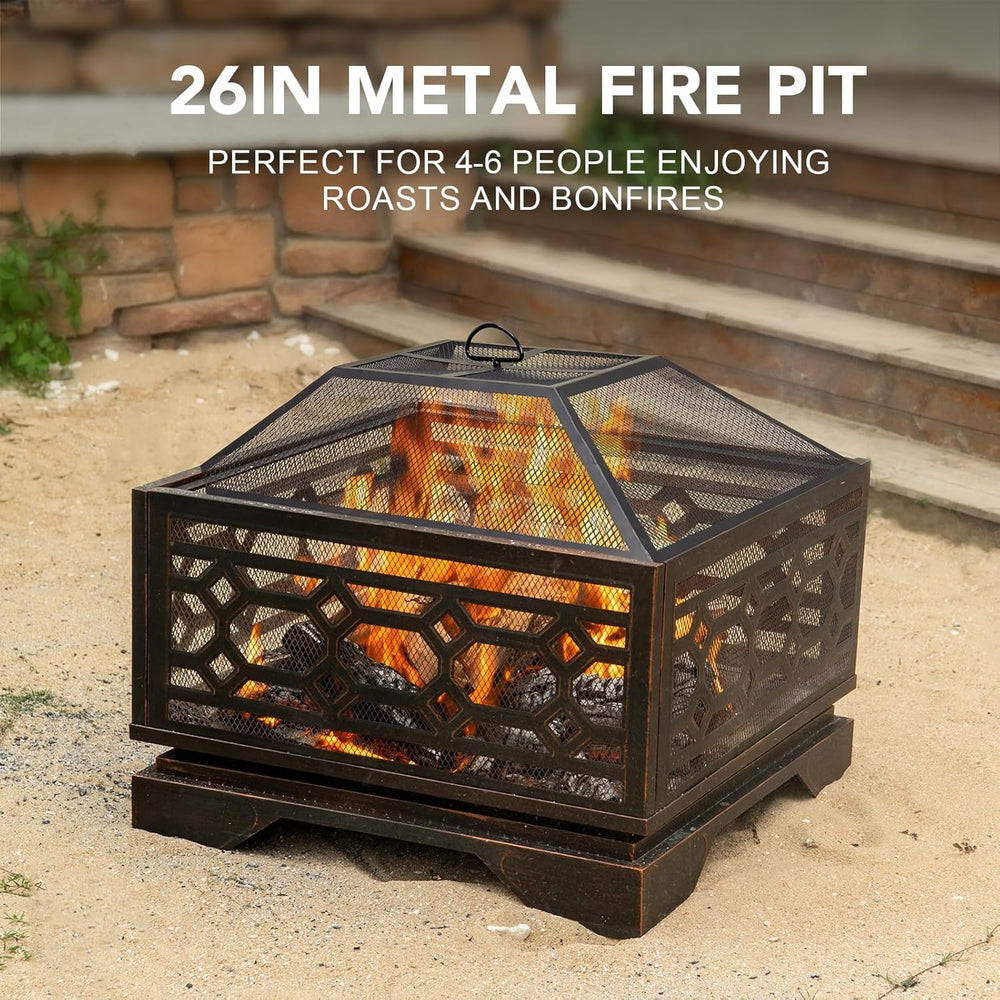 26 Inch Outdoor Fire Pit, Wood Burning Outside Fireplace with Mesh Cover