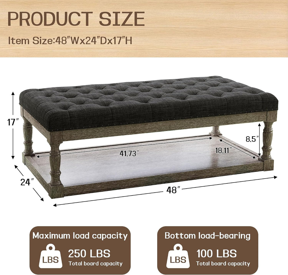 48" Large Ottoman with Storage Coffee Table, Upholstered Tufted Linen Ot...