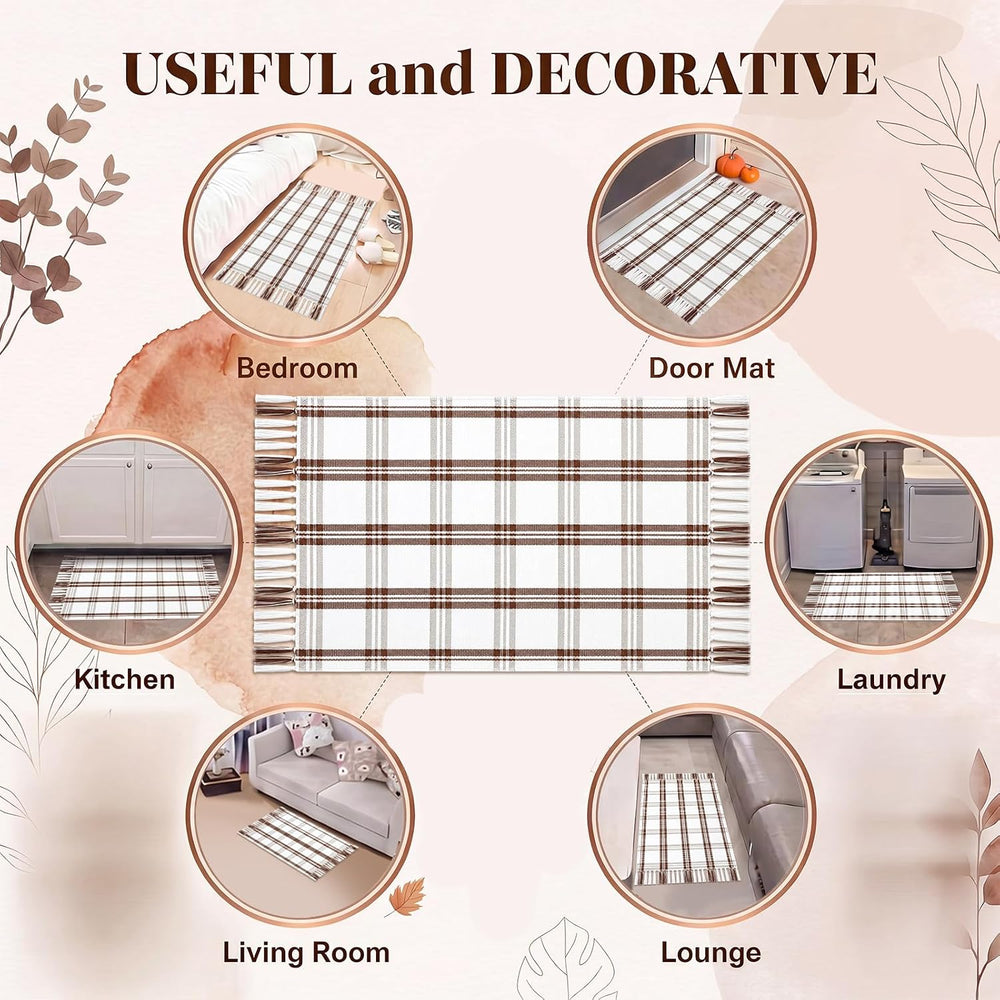 Breling Fall Outdoor Rug 28" x 43" Beige Plaid Door Mat with Tassels