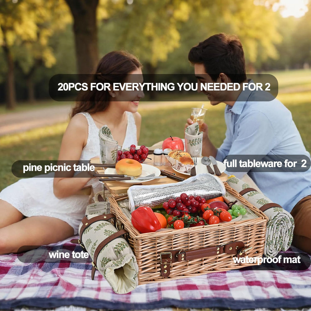 Multifunctional Wicker Picnic Basket Set for 2 with Blanket and Picnic Table,...