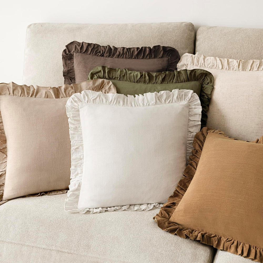 Foindtower Set of 2 Decorative Linen Fringe Ruffle Throw Pillow Covers Soft B...