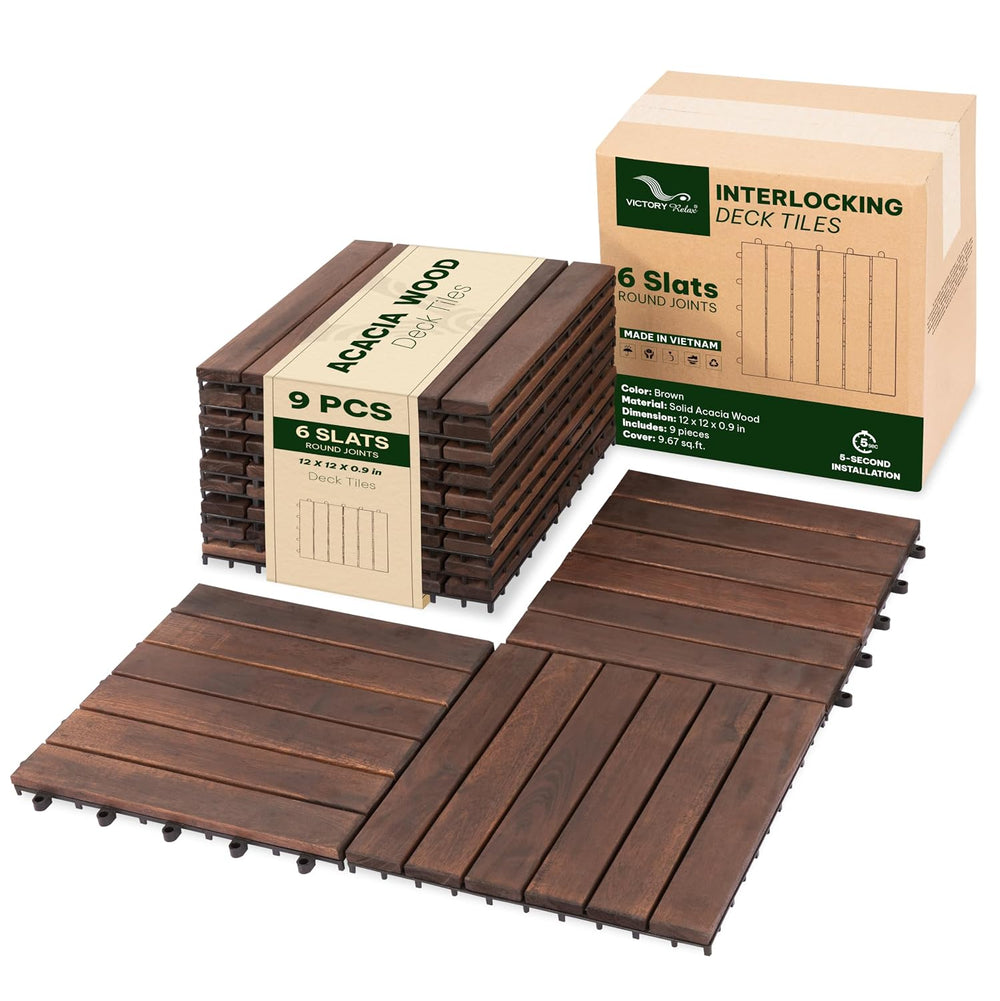 Acacia Interlocking Deck Tiles, 9 PCS Wood Flooring, 6 Slats, Walnut