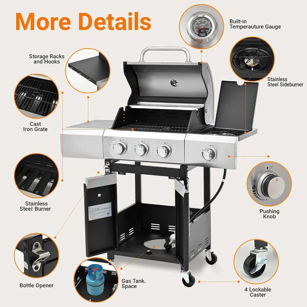 Endark 40,500 BTU 3-Burner Propane Gas Grill – Stainless Steel Outdoor BBQ wi...