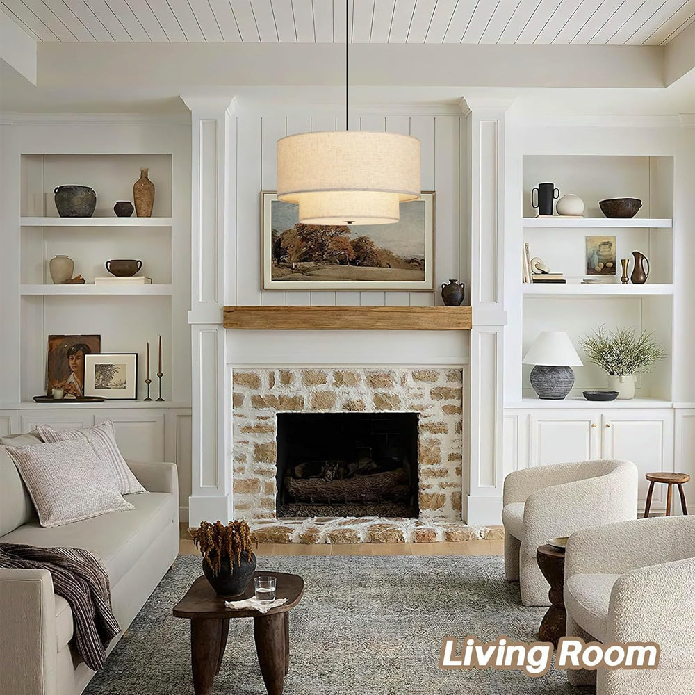 18" Modern Double Drum Fabric Pendant Light, Large Hanging Ceiling Chand...
