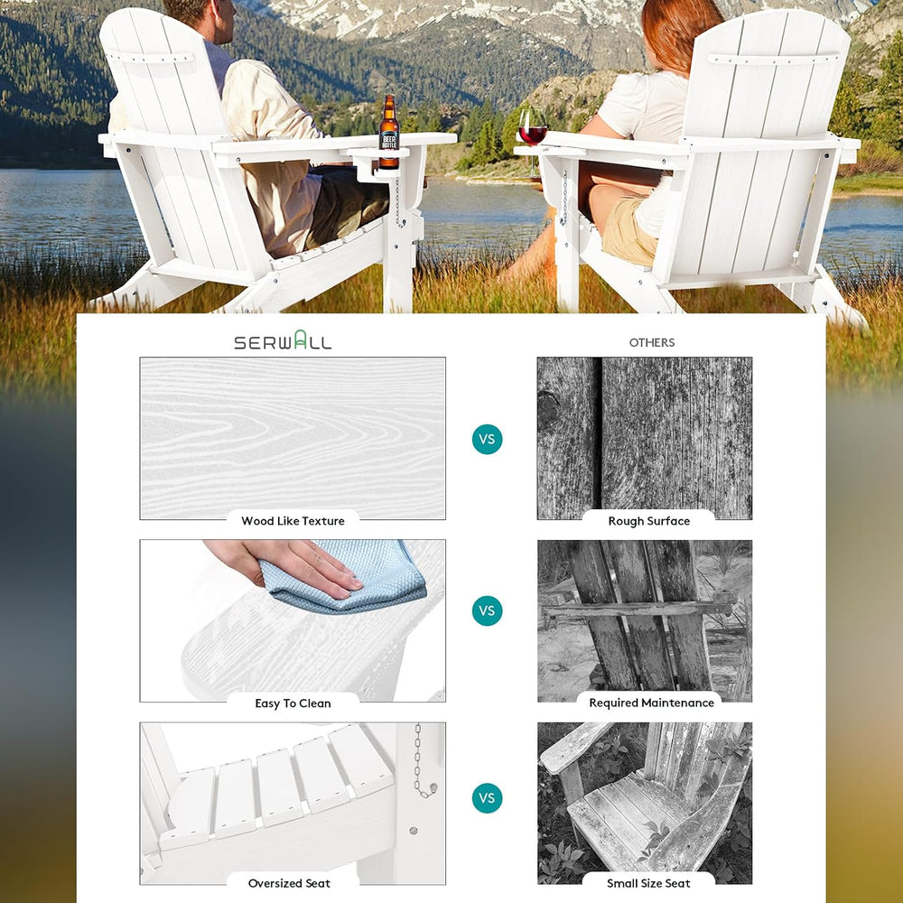SERWALL Outdoor Adirondack Chairs with 2 Cup Holders,Foldable,White