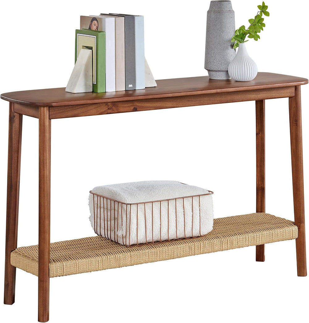 Calais Solid Wood Console Table with Woven Storage Shelf, Chestnut, 48 Inch