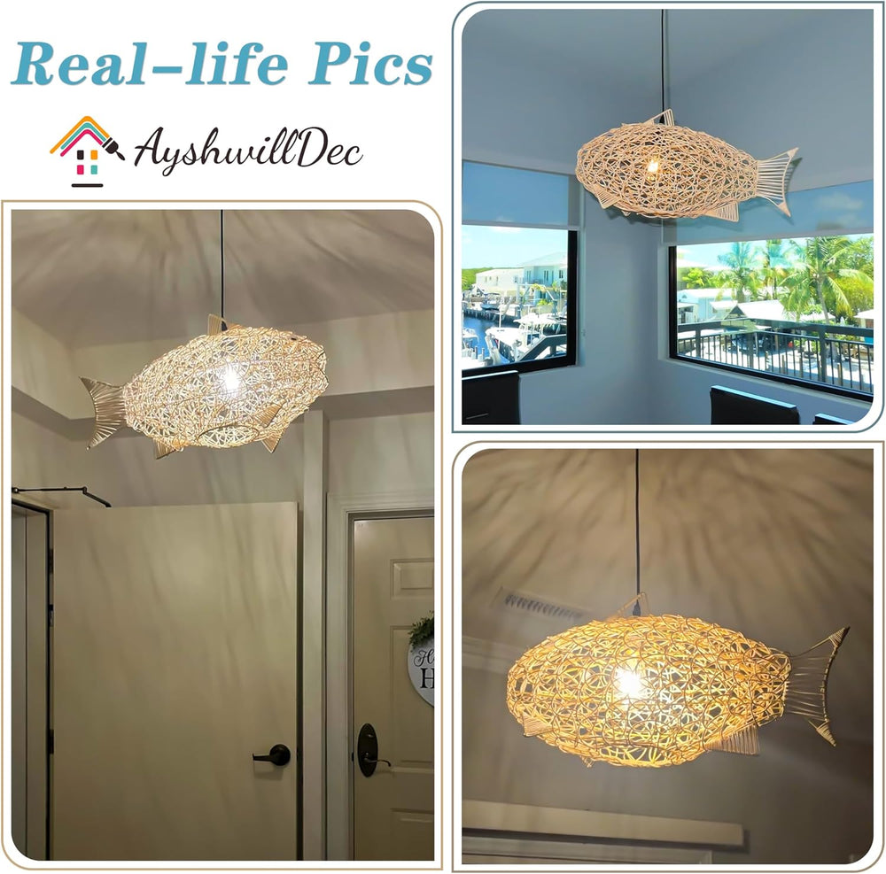 24 inch Fish-Shaped Rattan Woven Pendant Light Boho Chandelier Rustic Farmhou...