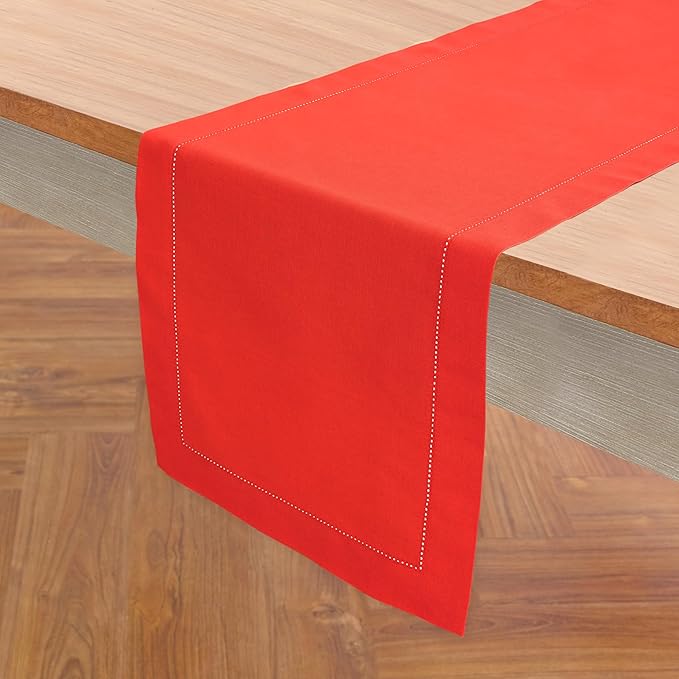Solino Home Table Runner 90 Inches Long - Cotton Linen Hemstitch Poppy Red Ta...