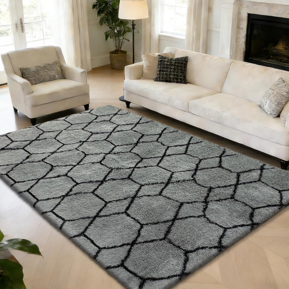 8x10 Fluffy Area Rugs for Living Room,Grey and Black Shag Rug for Bedroom