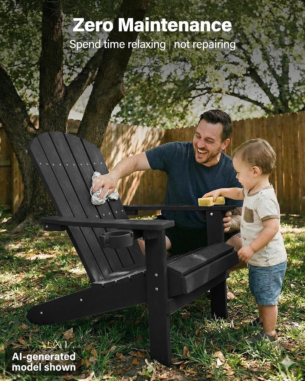 YEFU Adirondack Chairs Set of 2 with Cup Holder, Weather Resistant, Black
