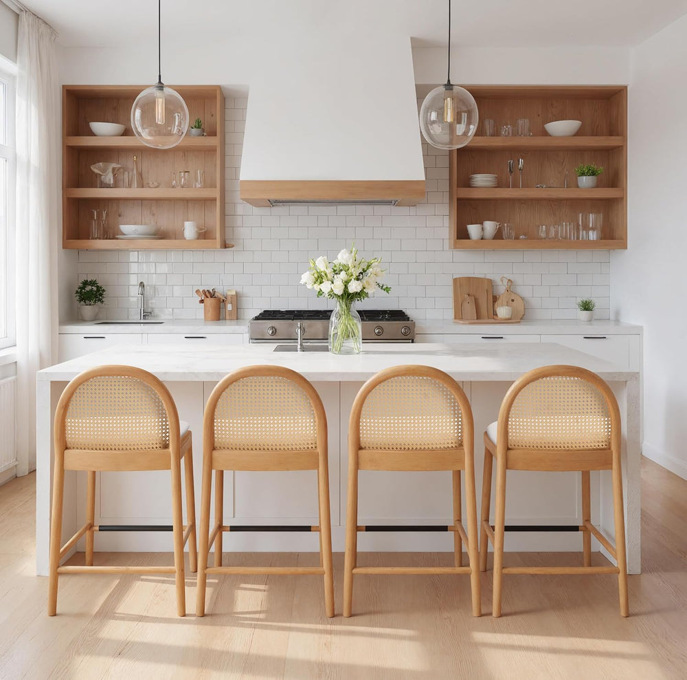 HEAH-YO Rattan Bar Stools Set of 4, 26 Inch Counter Height Bar Stools with Ba...