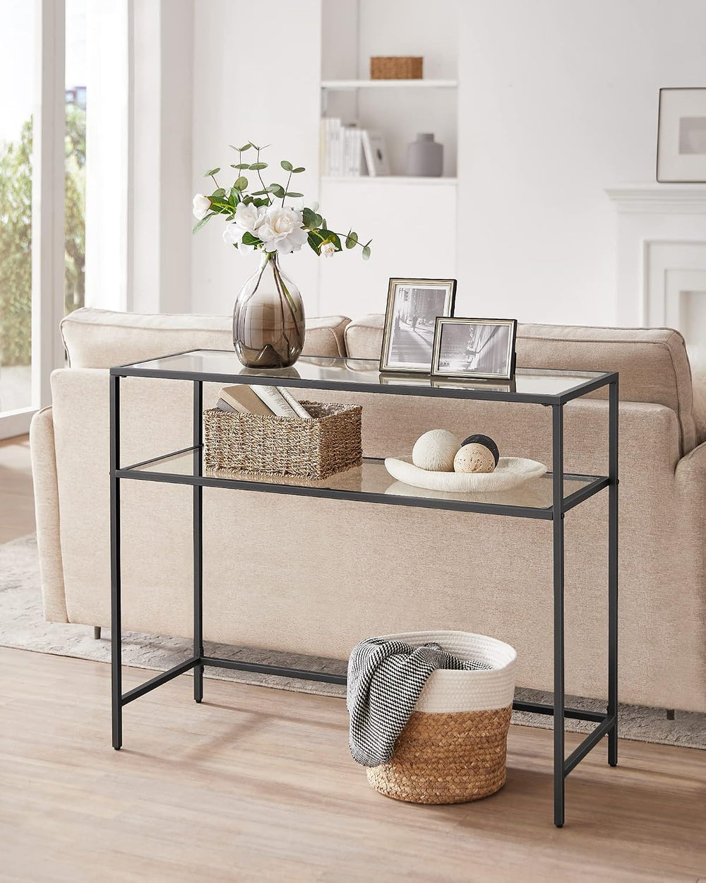 VASAGLE 39.4 Inchs Console Sofa Table, Tempered Glass, 2 Shelves