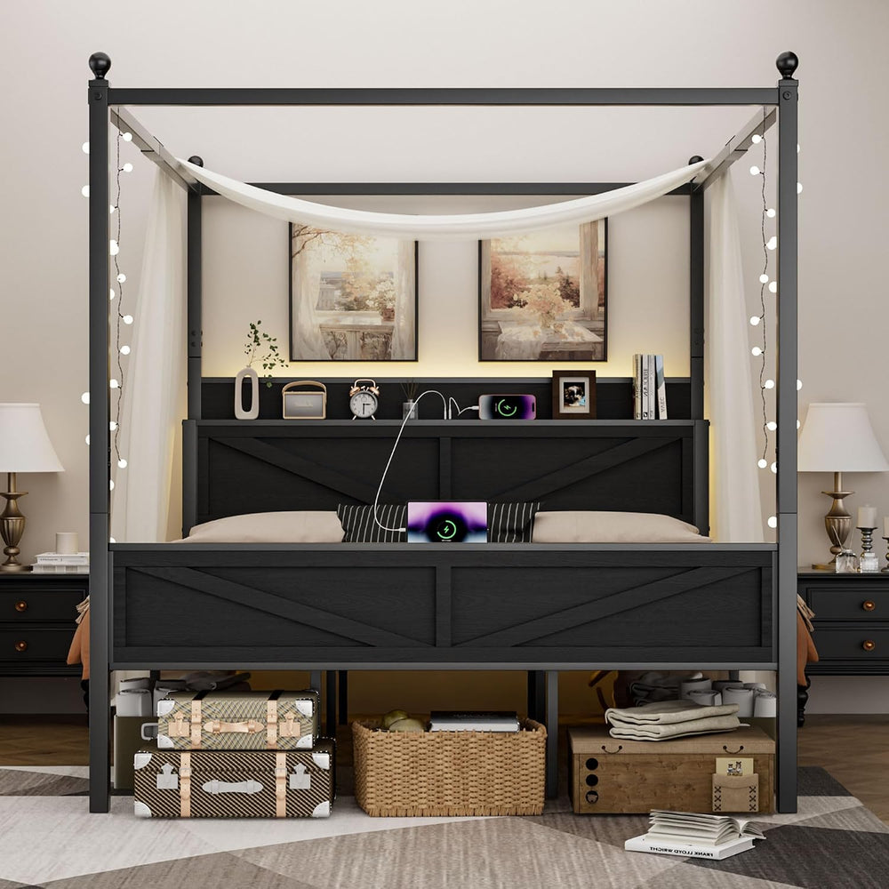 Canopy Bed Frame King Size with Barn Storage Headboard, Black‌
