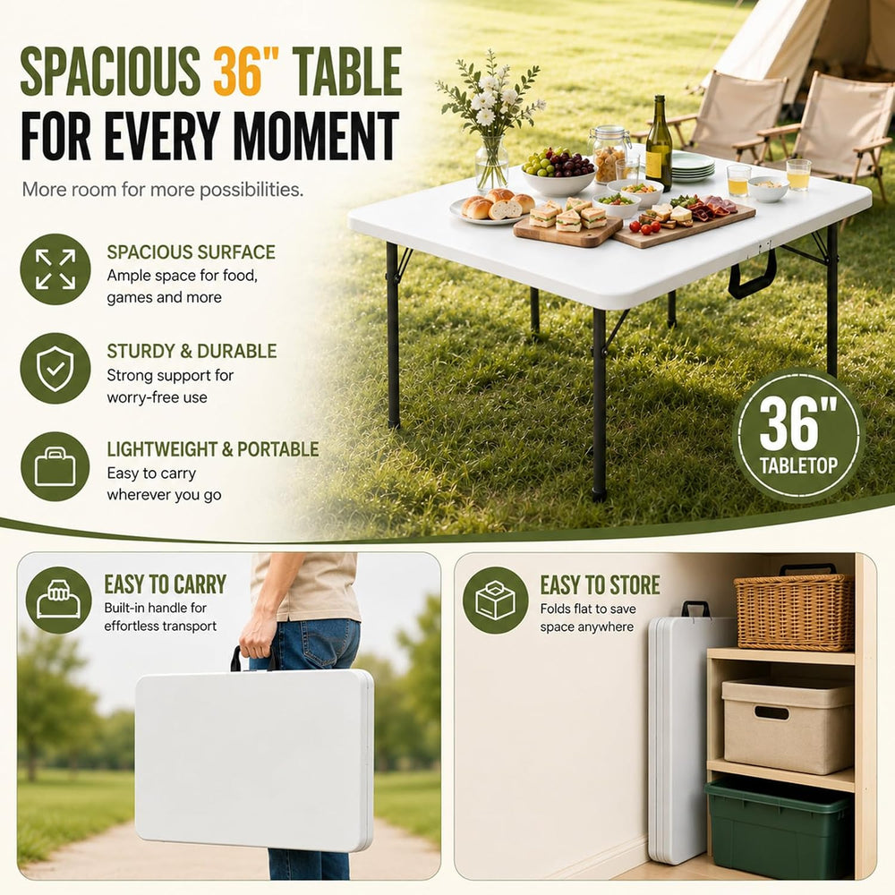 36" Folding Square Table, Portable Card Table with Built-in Handle, Comp...