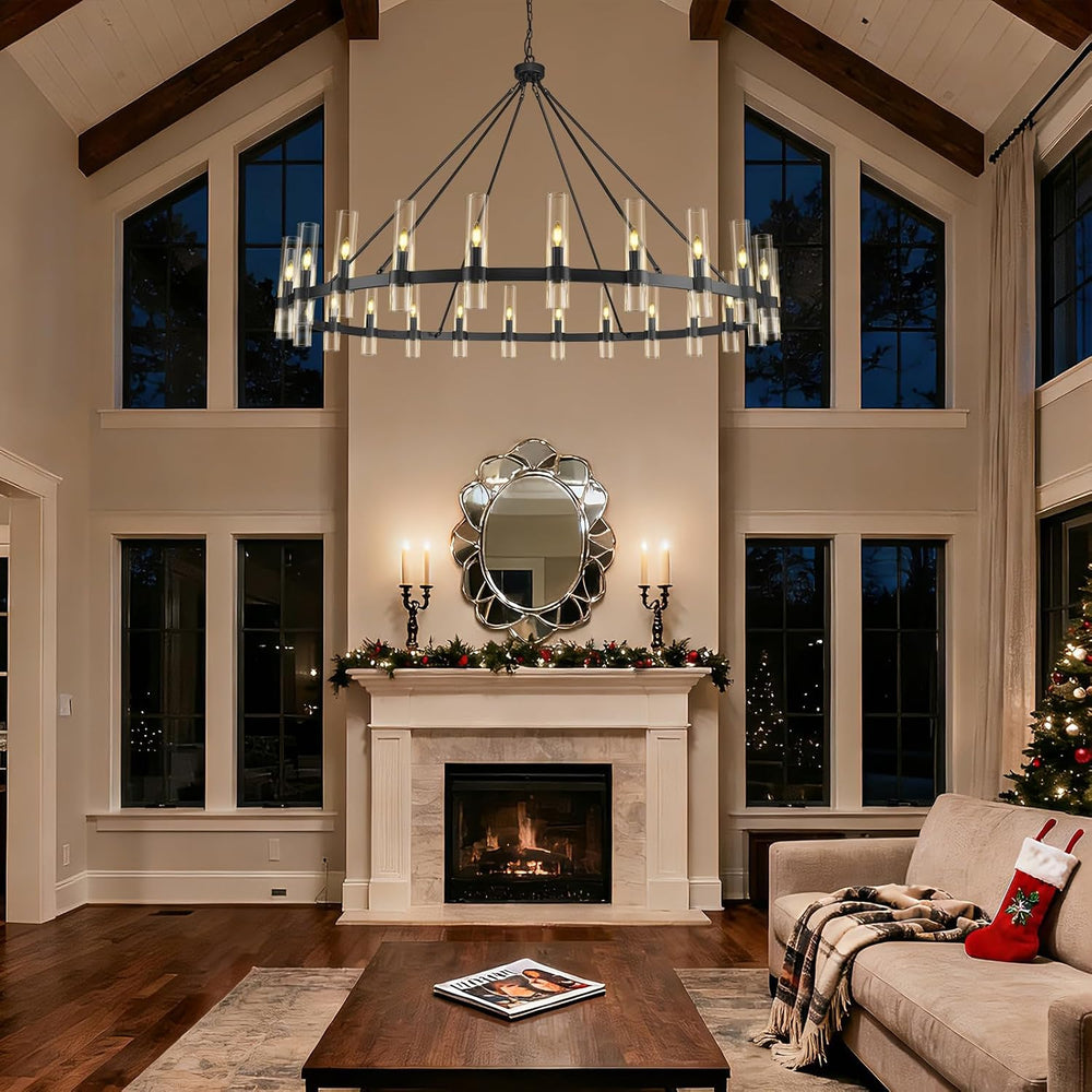 70" Black Wagon Wheel Chandelier, 24-Light Large Farmhouse Chandeliers f...
