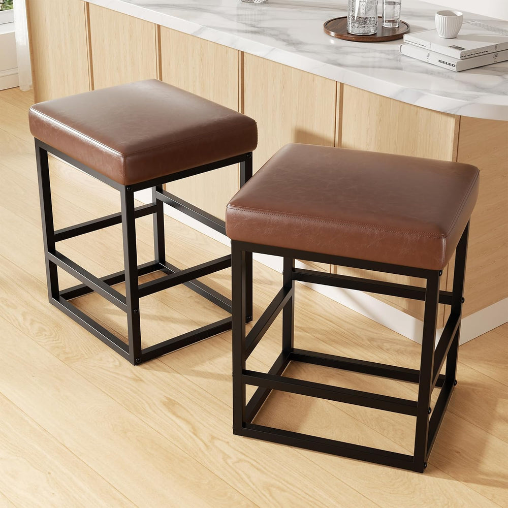 Bar Stools Set of 2, 24in Counter Height Barstools, Faux Leather Counter Stoo...