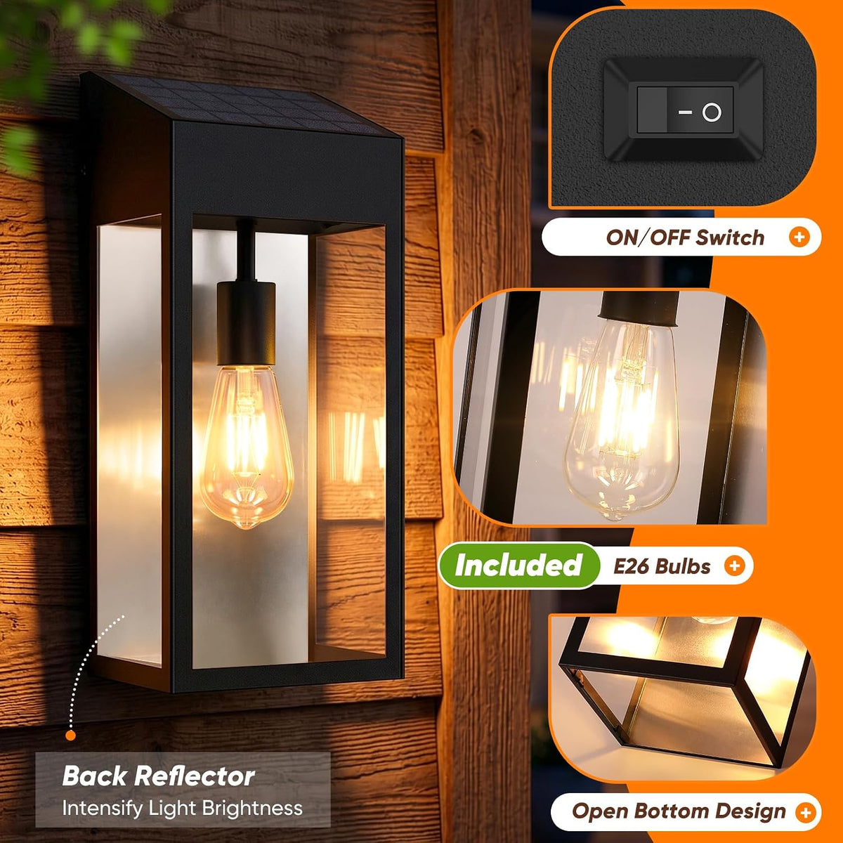 15” large solar sconce lights outdoor included e26, front angle view