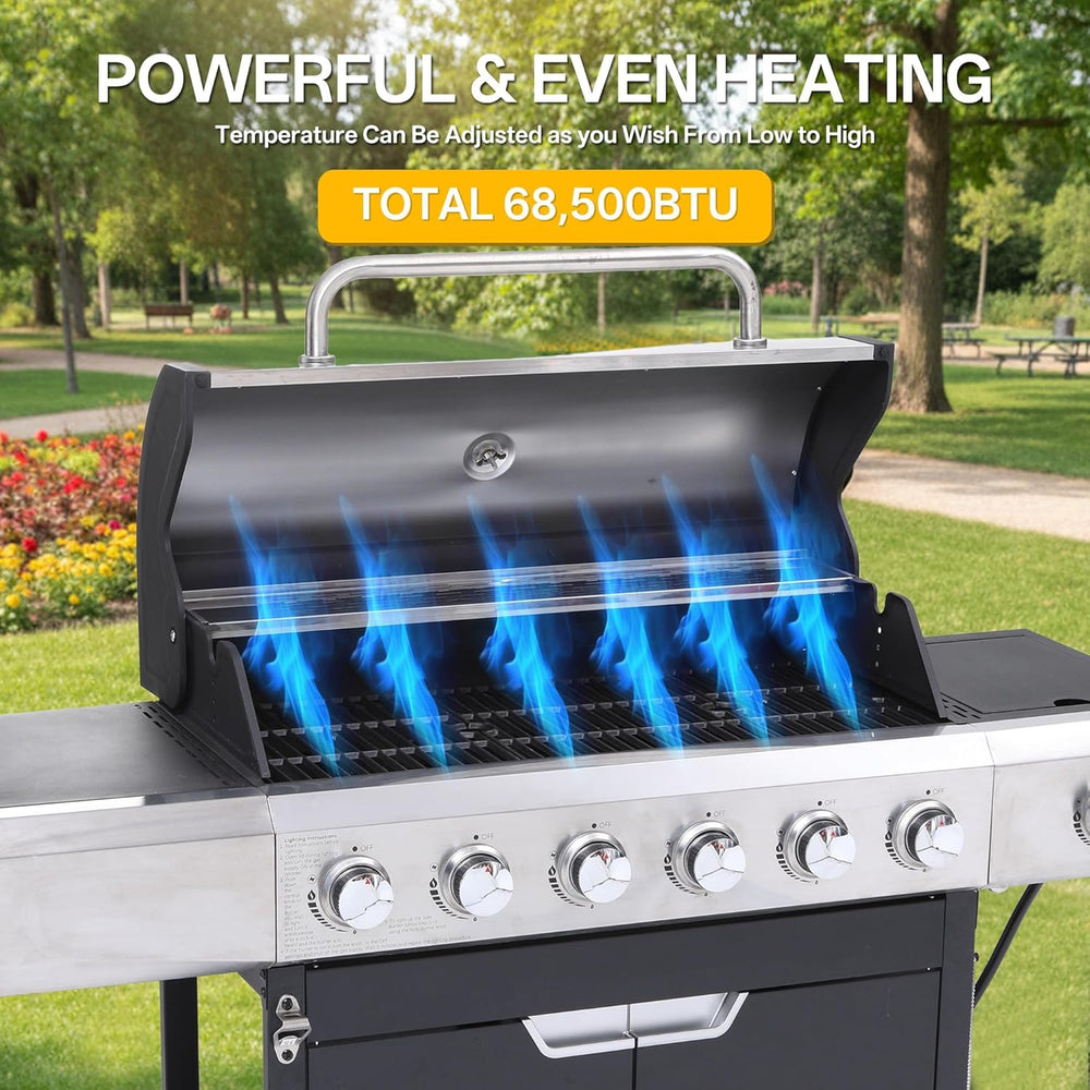 Endark 6-Burner Propane Gas Grill – 68,500 BTU Stainless Steel BBQ with Side ...