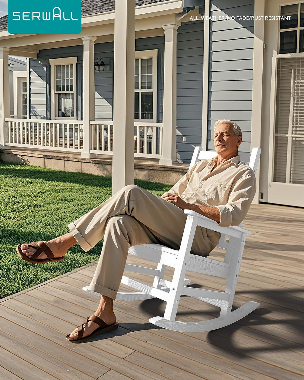 SERWALL Outdoor Rocking Chair Set of 4, HDPE Rocker for Adults, White
