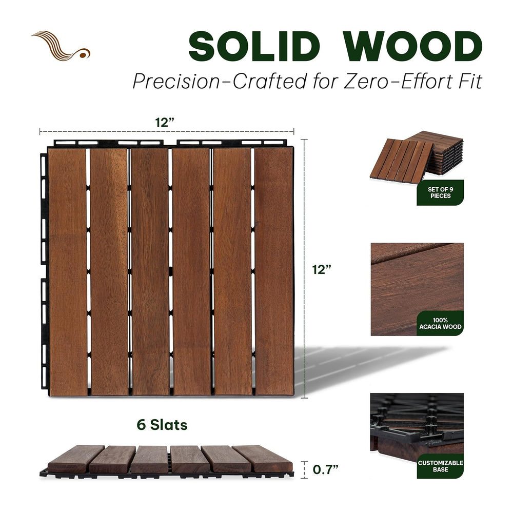 Acacia Interlocking Deck Tiles, 9 PCS Wood Flooring, 6 Slats, Walnut