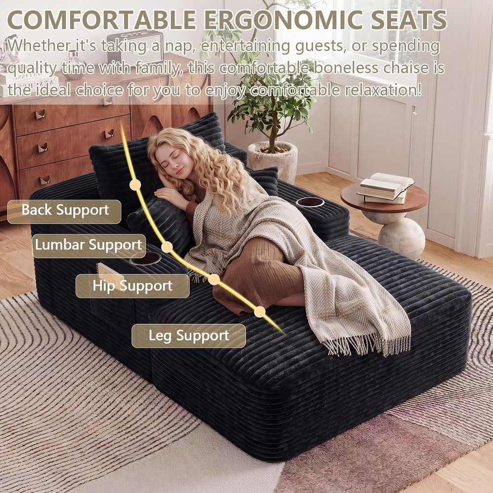 65" Chaise Lounge Chair Indoor with Cup Holders & Side Pocket, Overs...