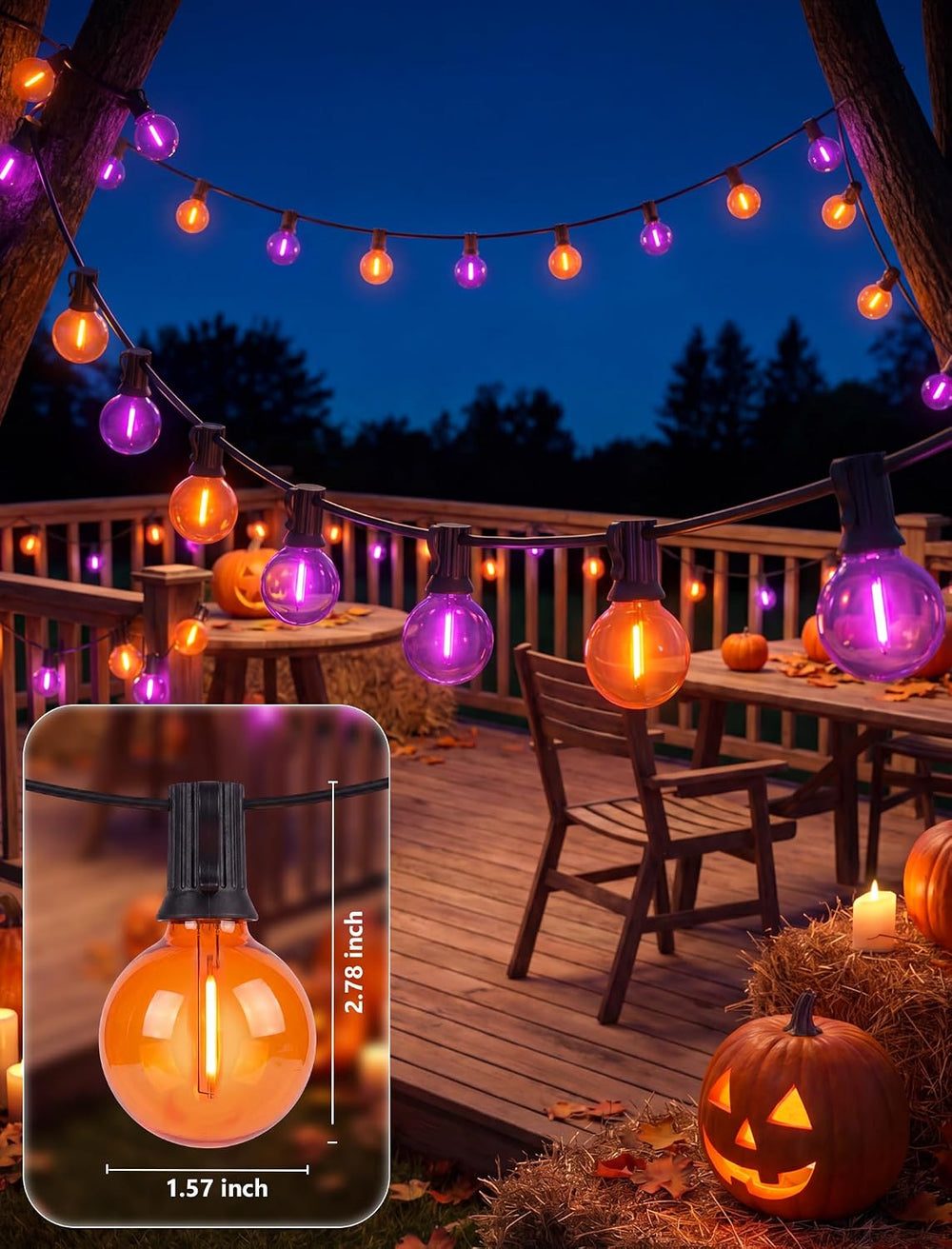 SUNSGNE 25FT G40 LED Outdoor Orange and Purple Halloween String Lights