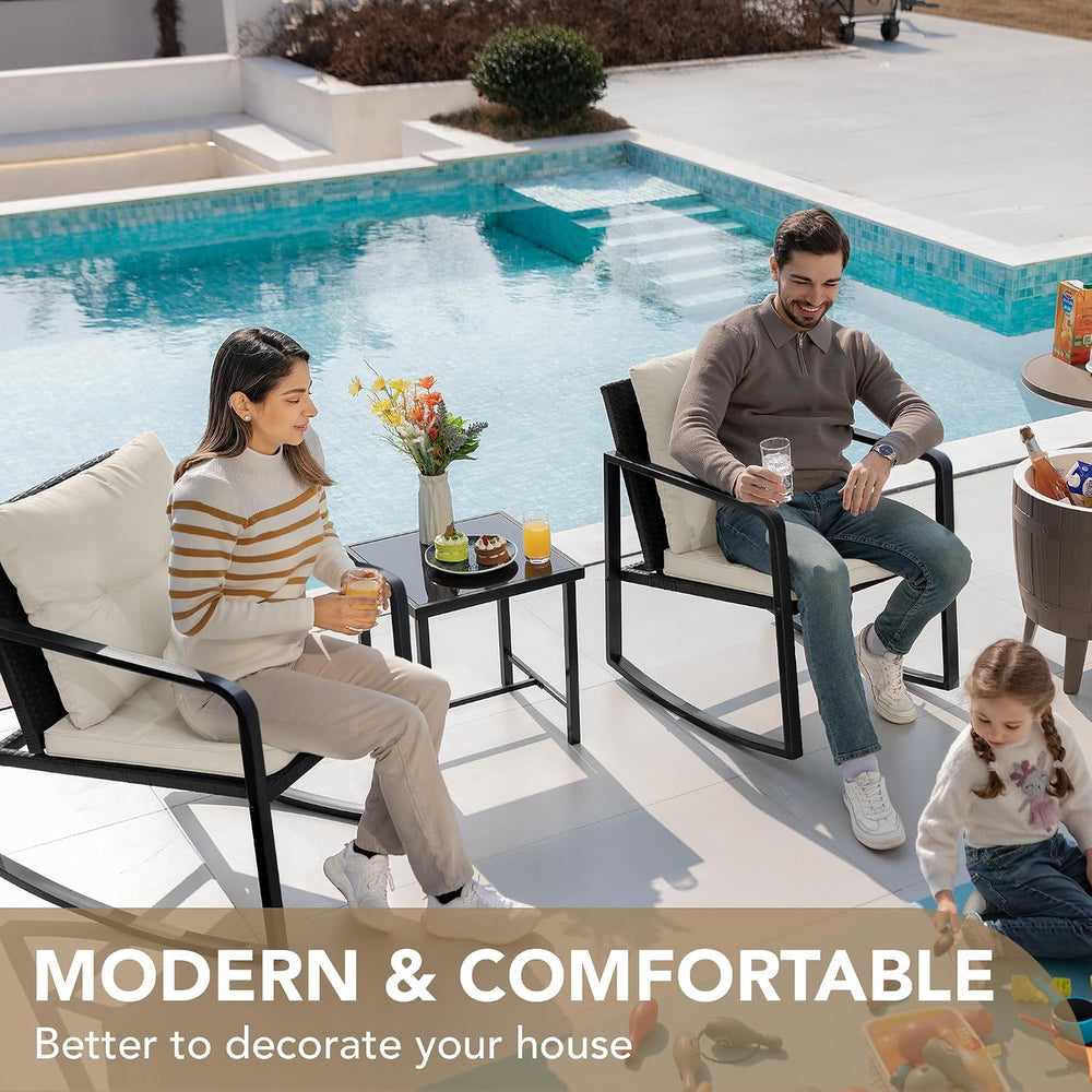 Devoko 3 Pieces Patio Furniture Set Wicker Outdoor Rocking Bistro Chair