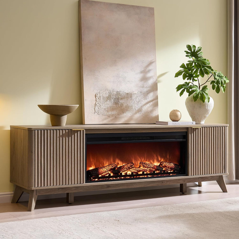 OKD 70" Fluted Fireplace TV Stand with 36" Electric Fireplace, Alde...