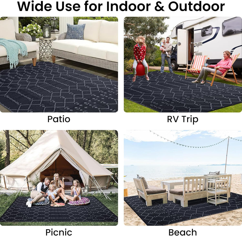 Smiry Outdoor Rug 8x10 ft Waterproof Reversible Boho Mat, Dark Grey