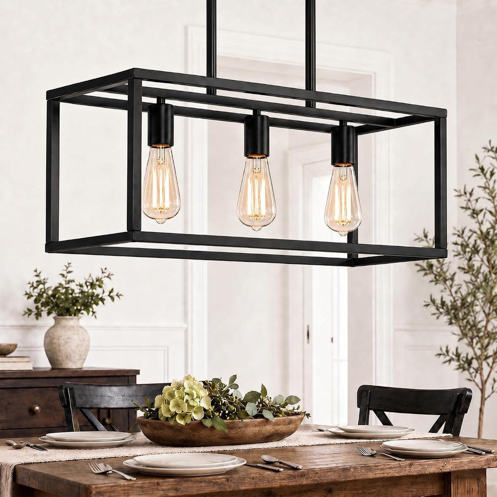 Black Kitchen Island Lighting, Modern Linear Cage Retangular Chandelier, 3 Li...