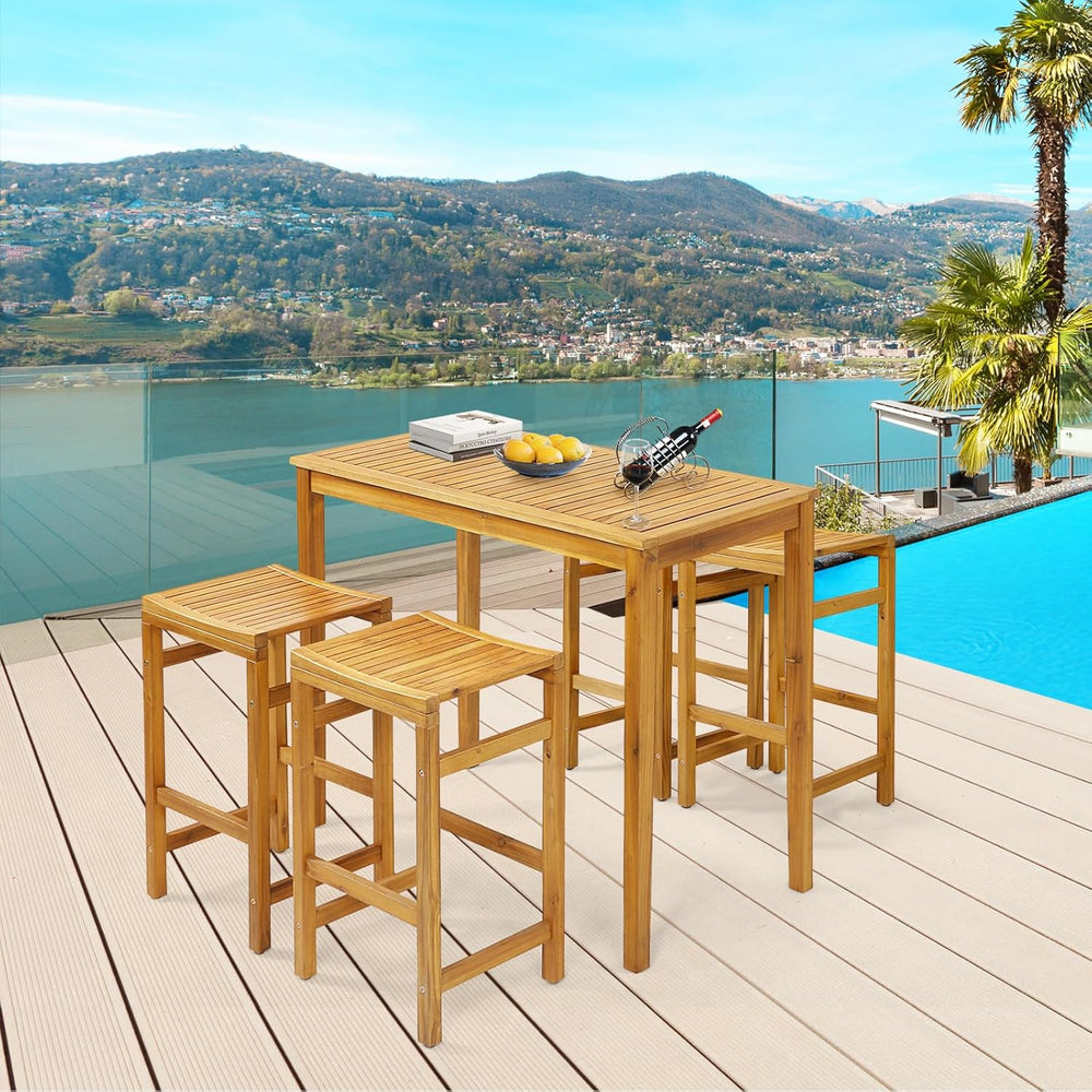 Tangkula Outdoor Acacia Wood Bar Table, 45” Rectangular Bar Height Farmhouse ...