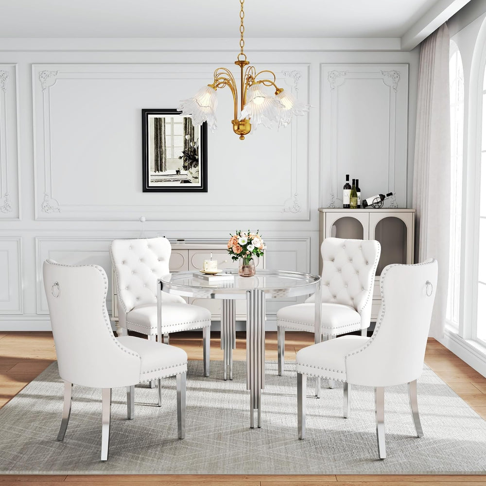 Luxury Round Glass Silver Dining Table Set for 4, 5-Piece Modern Kitchen Tabl...