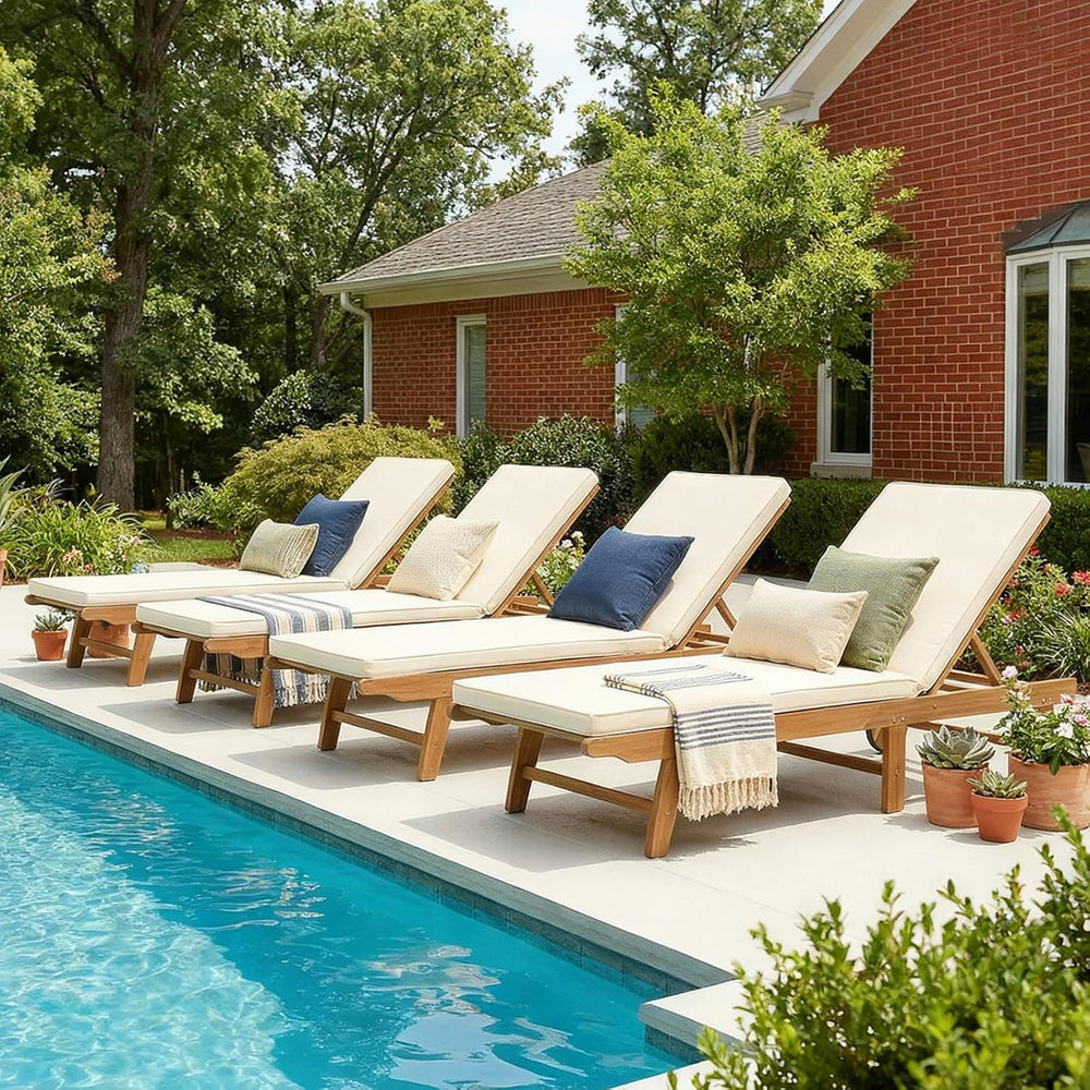 Patiorama Patio Acacia Wood Chaise Lounge Chair of 4, Pool Chair, Cream