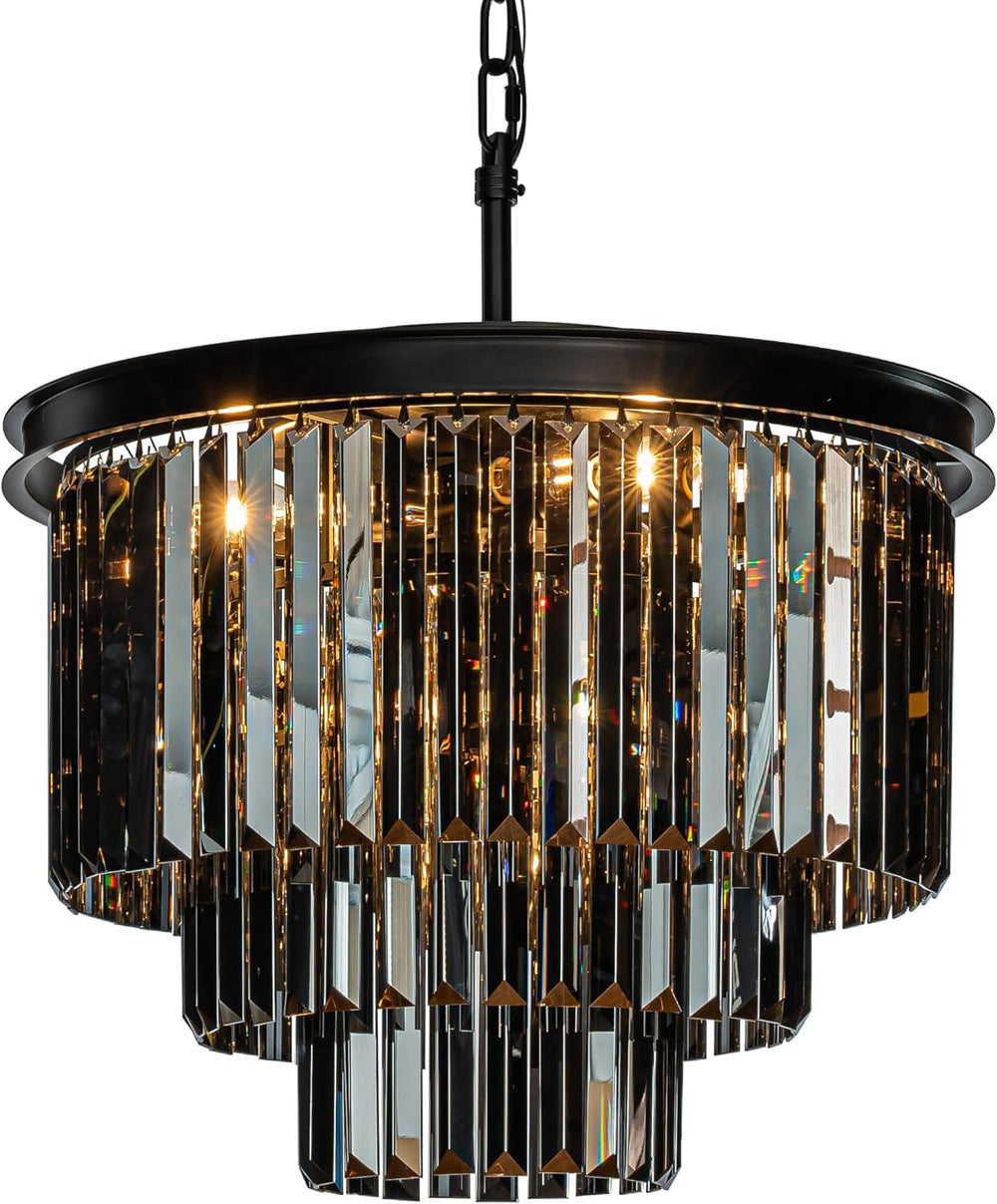 ALOADECOR 6-Light W 20 in. Modern Odeon 3-Tier Round Fringe Crystal Chandelie...
