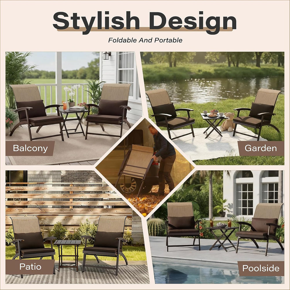 3 Piece Patio Furniture Set, Foldable Textilene Bistro chairs, Metal Table