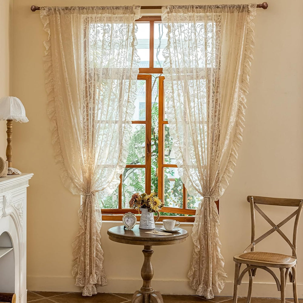 TUDECO Beige Lace Curtains 84 Inches Long, Vintage Ruffle, 2 Panels