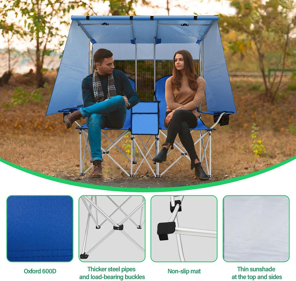 ptlsy Folding Double Camping Chair with Canopy Shade for Beach Lawn (Blue)