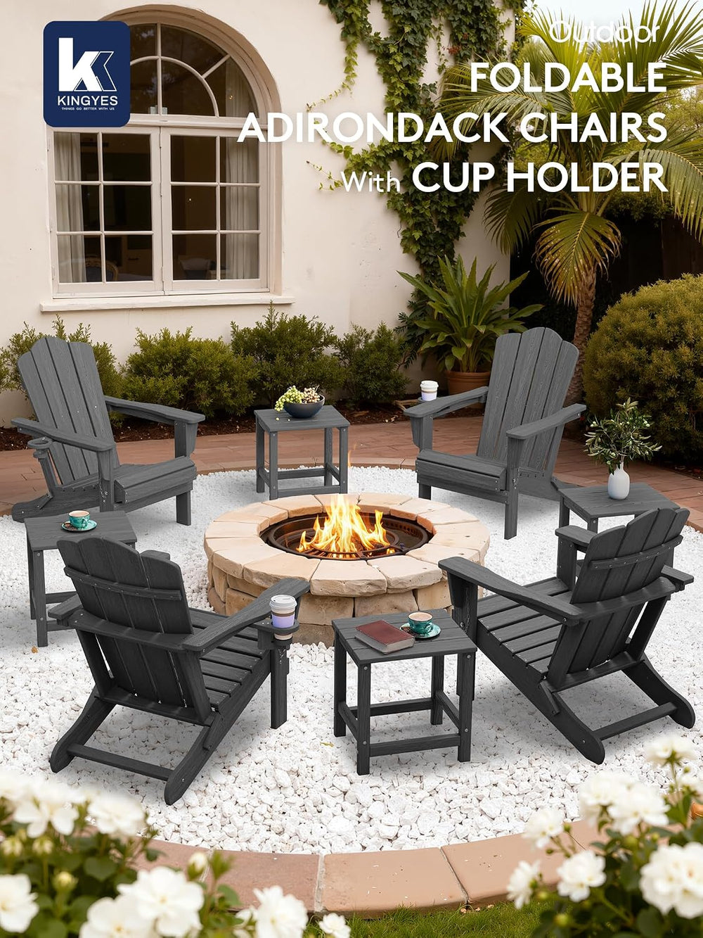 KINGYES Folding Adirondack Chair Set of 2 with Cup Holder, Grey