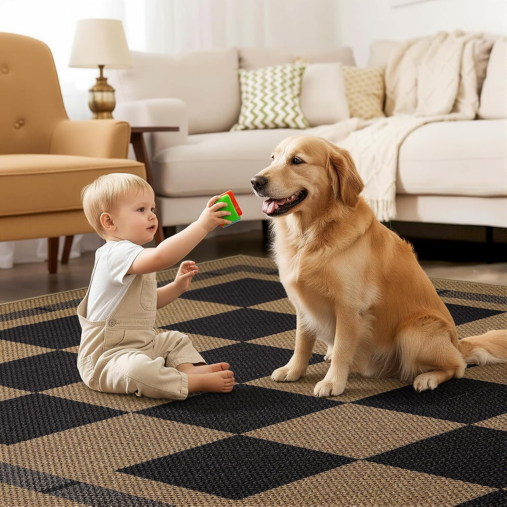 5x7 Checkered Jute Outdoor Rugs, Washable Rug for Living Room Bedroom Patio