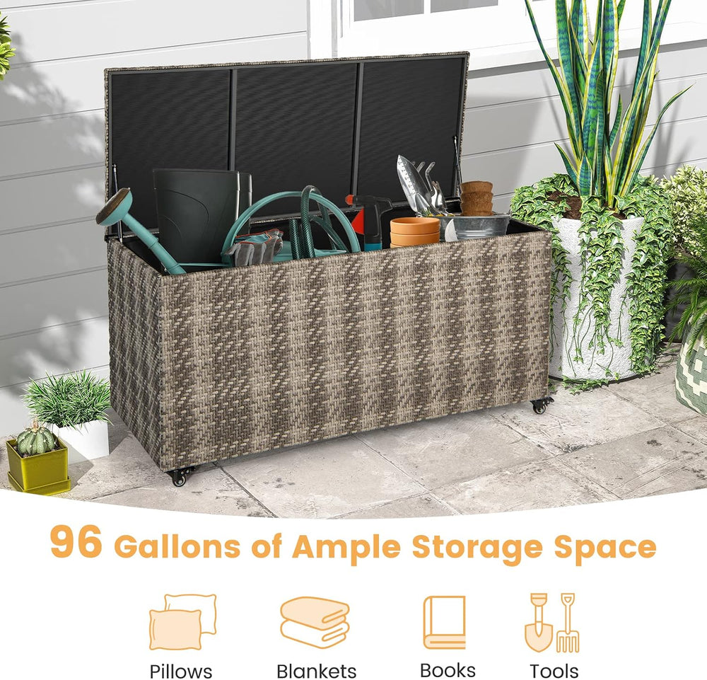 Giantex 96-Gallon Outdoor Storage Box - PE Wicker Deck Box with Lid, 4 Wheels...