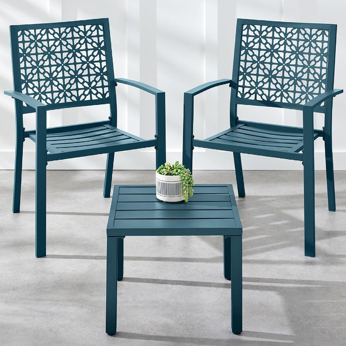 Best Choice Products 3-Piece Outdoor Bistro Set, Stackable Modern Steel Furniture for Porch, Garden w/ 2 Chairs, Table, Geometric Decor - Peacock Blue