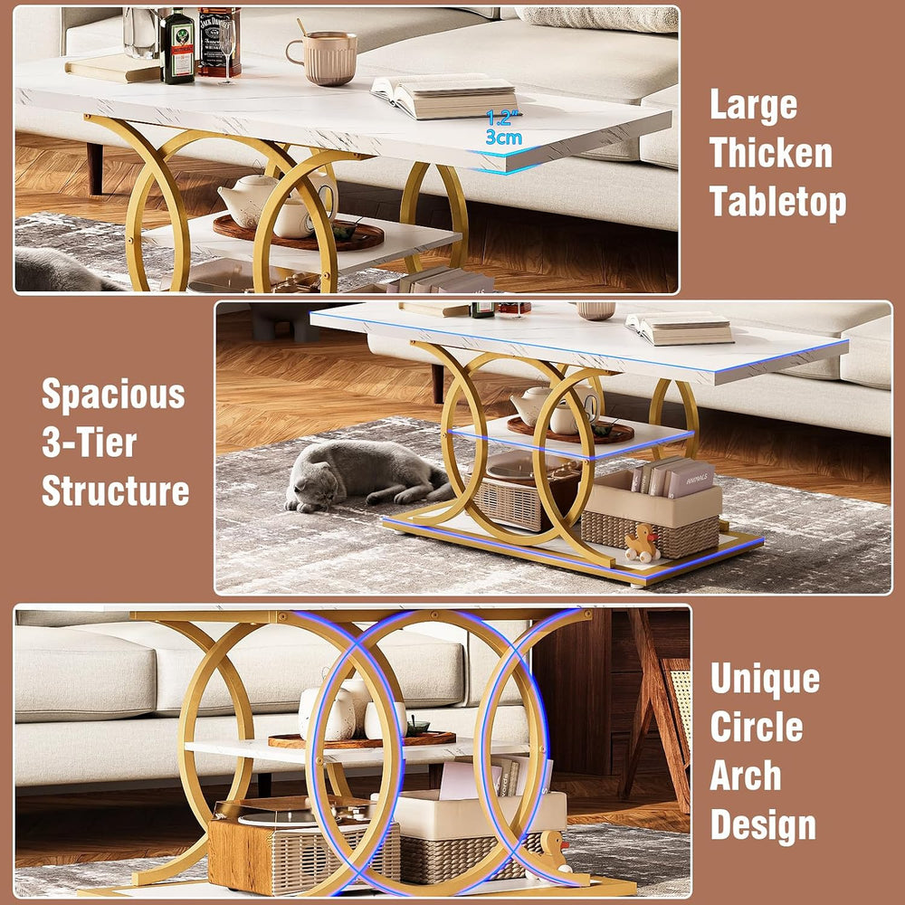 GiftGo Rustic Coffee Table with Storage Modern 3 Tier Center Living Room Tabl...