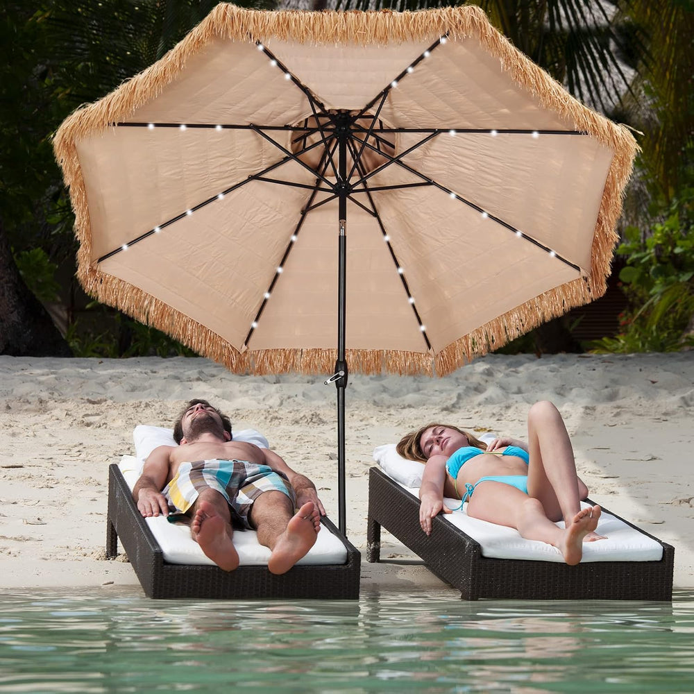 GDY 9 ft 2-Tier Solar Tiki Umbrella, 32 LED Ligths Hula Thatched Tiki Umbrell...