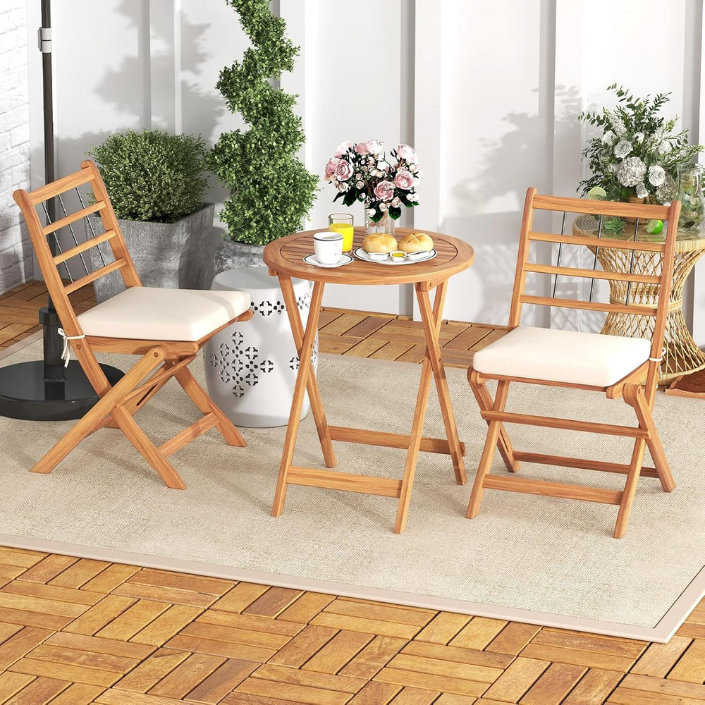 HAPPYGRILL 3 Pieces Acacia Wood Patio Bistro Set, Folding Outdoor Table and C...