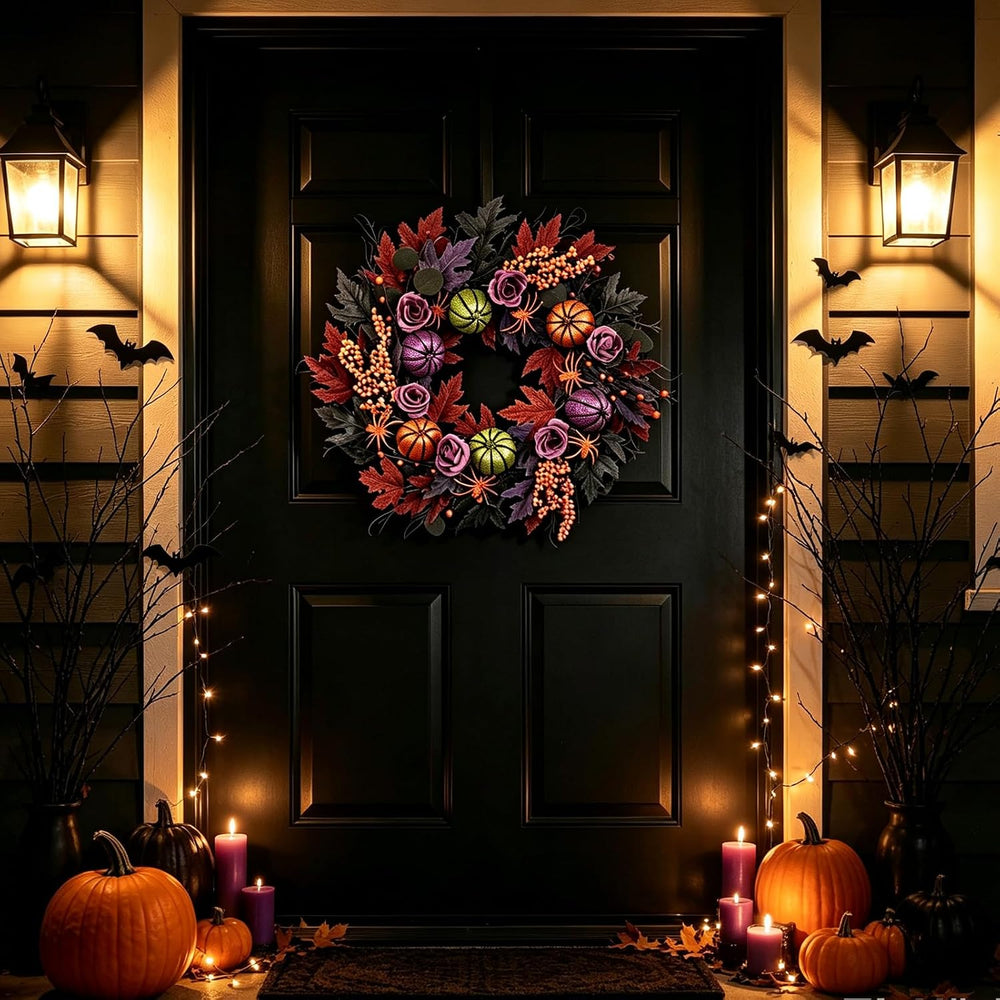 22" Halloween Wreath, Pumpkins Spiders Wreath for Front Door