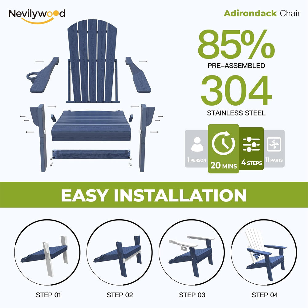 nevilywood Adirondack Chair Set of 2, HDPE Folding Outdoor Chair, Navy