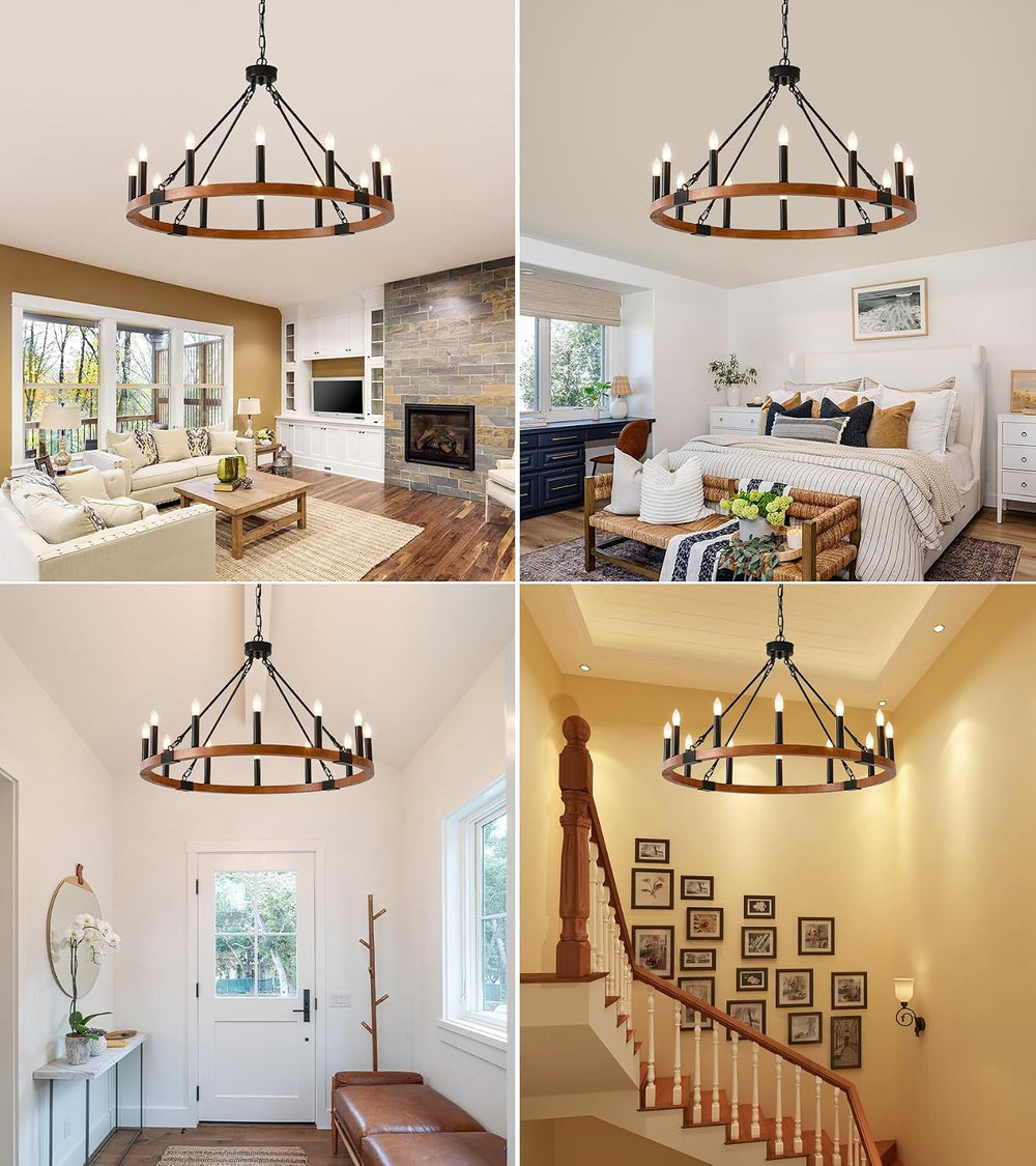HHR 32" Wood Wagon Wheel Chandelier 12-Light Round Farmhouse Chandelier