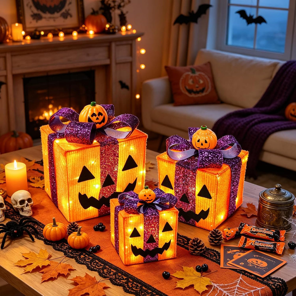 [ 8 Modes & Timer ] 3 Pack Halloween Decorations Lighted Pumpkin Gift Box