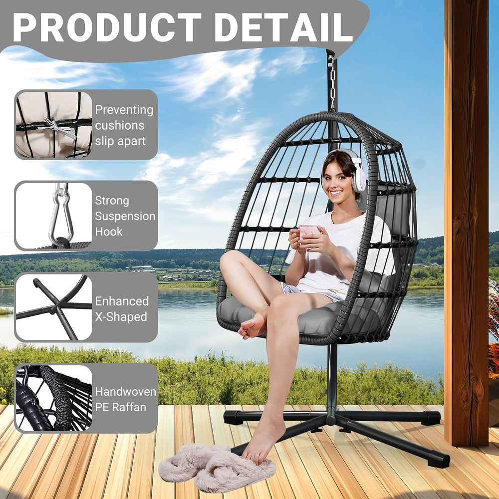 LEVELEVE Hanging Egg Chair with Stand, Patio Rattan Wicker Swing Chair, Overs...